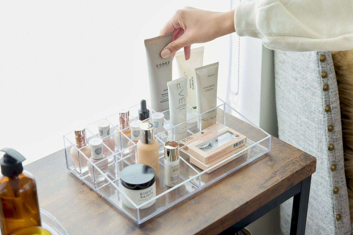 Make-up organizer transparant polypropyleen met 13 vakken, 30,5 x 20,3 x 7,6 cm, voor kaptafel en badkamer