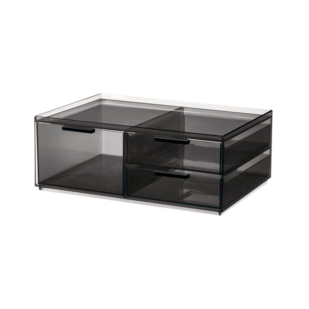 Doorzichtige smoke grijze make-up organizer met drie lades en een bovenste tray, op witte achtergrond