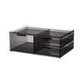 Doorzichtige smoke grijze make-up organizer met drie lades en een bovenste tray, op witte achtergrond