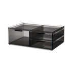 Doorzichtige smoke grijze make-up organizer met drie lades en een bovenste tray, op witte achtergrond