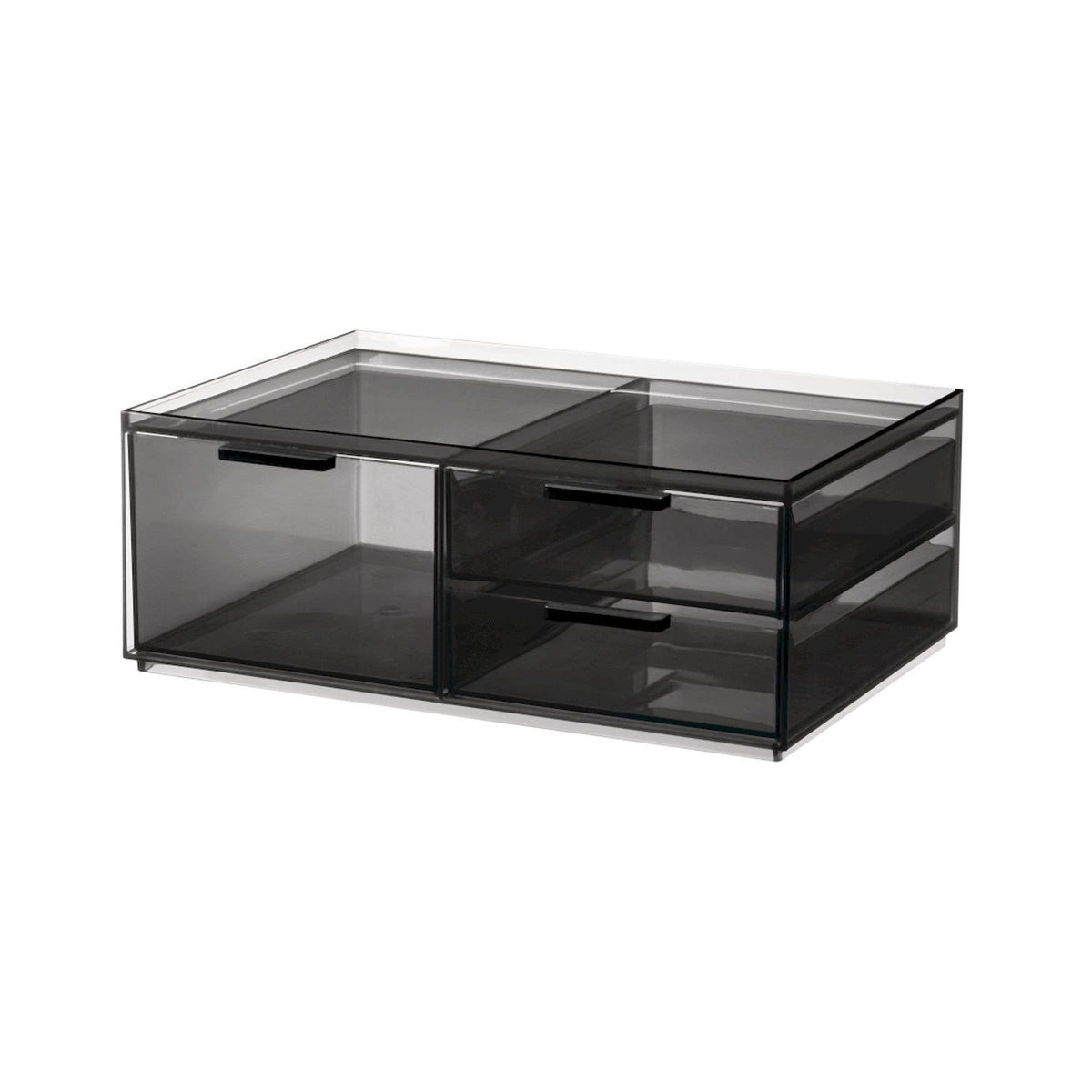 Doorzichtige smoke grijze make-up organizer met drie lades en een bovenste tray, op witte achtergrond