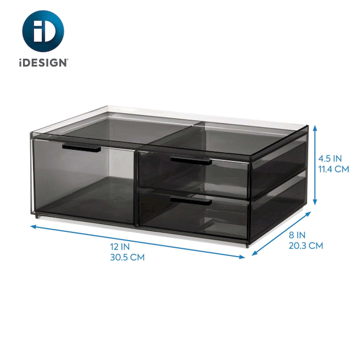 Make-up organizer gerecycled polypropyleen smoke grijs doorzichtig, 3 lades – 30,5 x 20,3 x 11,4 cm