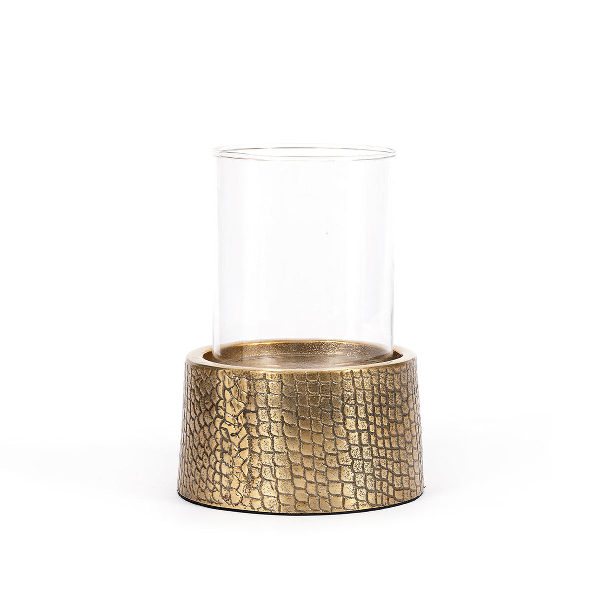 Kandelaar met voet van messingkleurig aluminium met croco-print en een heldere glazen schacht