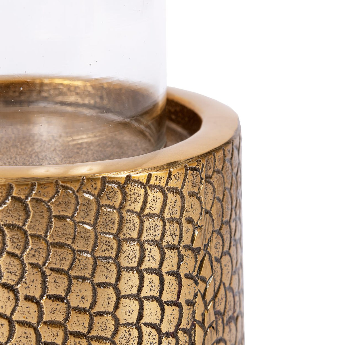 Kandelaar aluminium en glas Croco messing, 24 x 17 x 17 cm, voor stompkaarsen