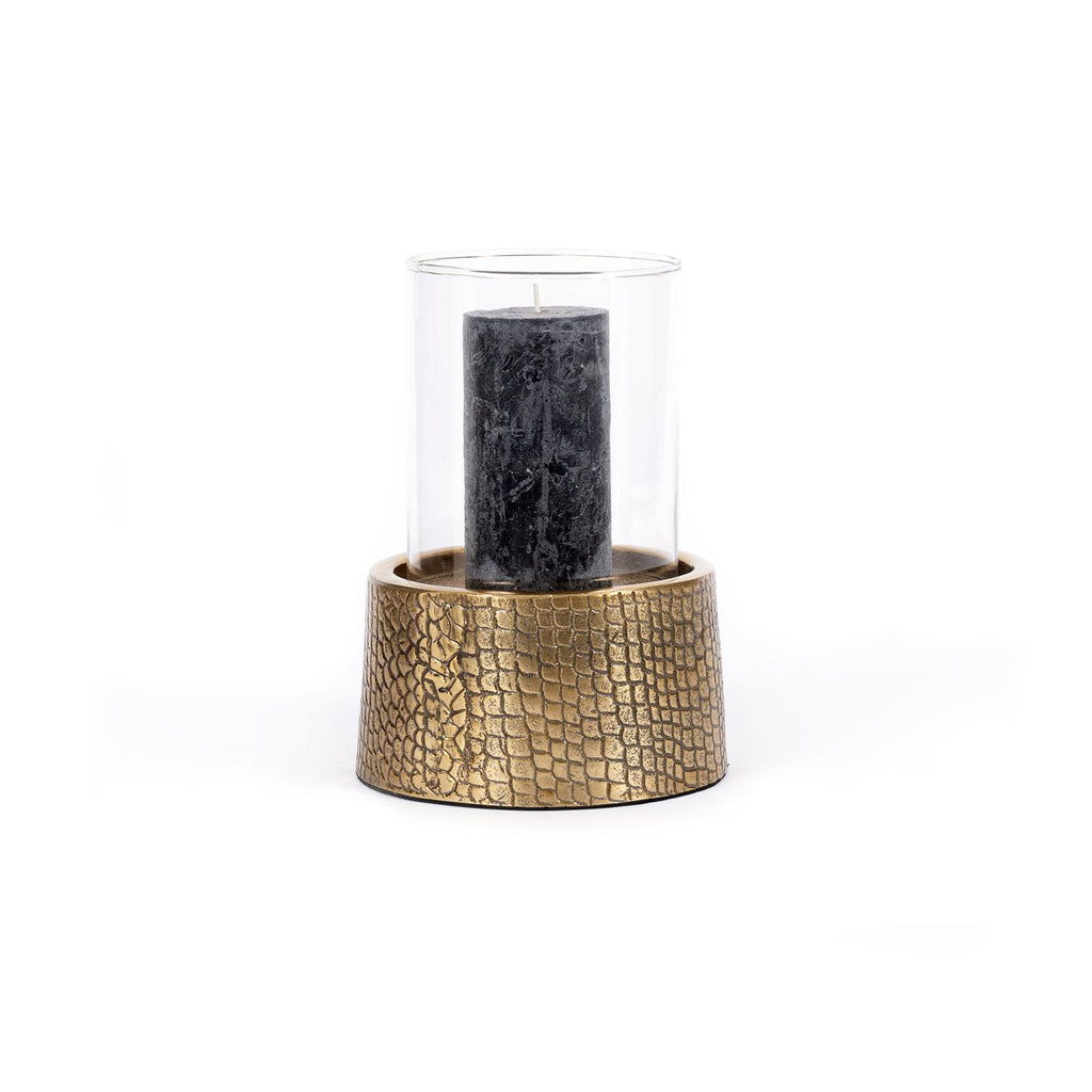 Kandelaar aluminium en glas Croco messing, 24 x 17 x 17 cm, voor stompkaarsen