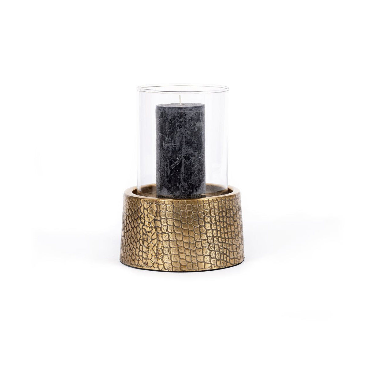 Kandelaar aluminium en glas Croco messing, 24 x 17 x 17 cm, voor stompkaarsen