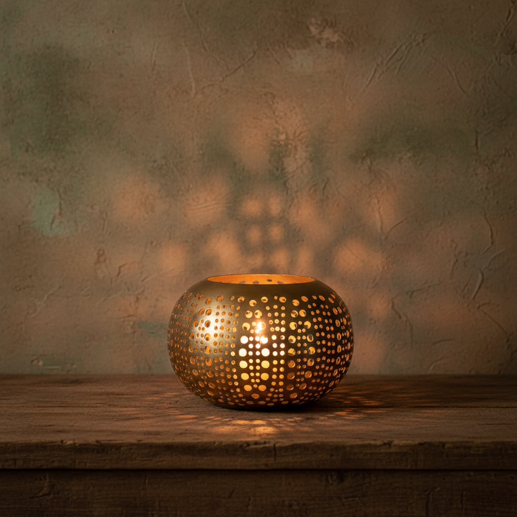 Kandelaar messing Polka Dots goud, handgemaakt, Ø 16 x 10 cm, M – theelichthouder voor woonkamer en eettafel