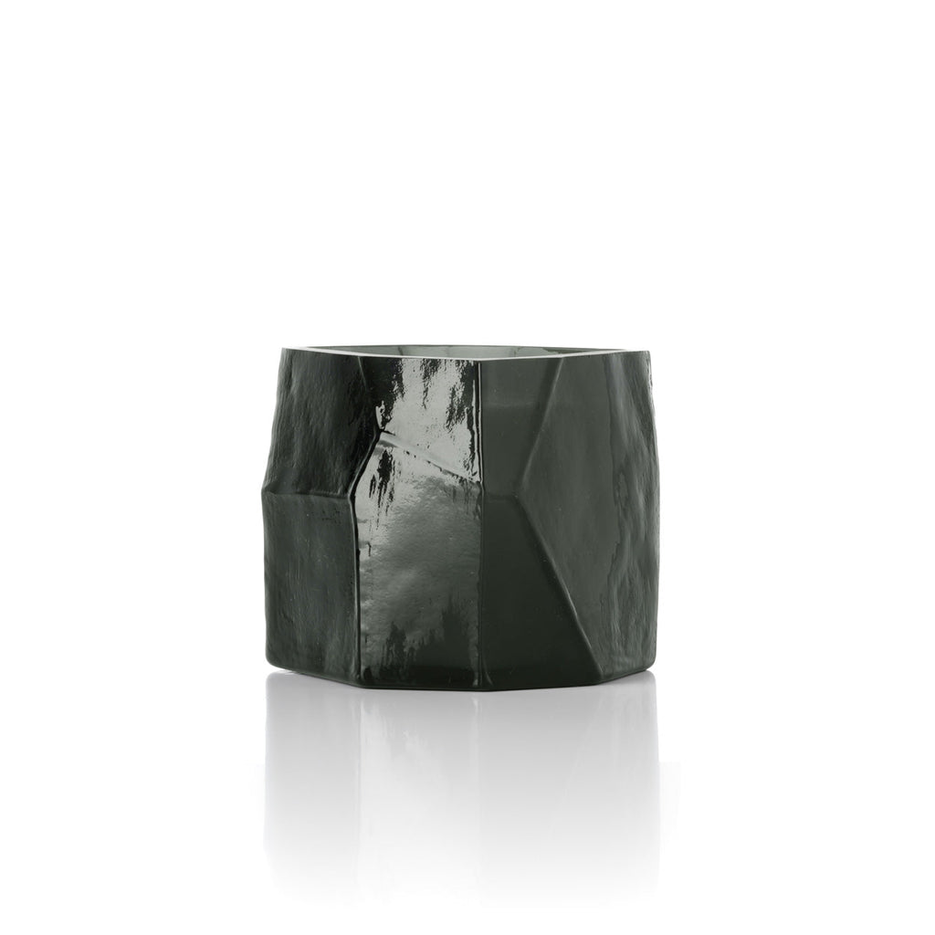 Kaarsenhouder glas Olivine gefacetteerd rook 10 x 9 x 9 cm, handgemaakt voor theelicht of kaars