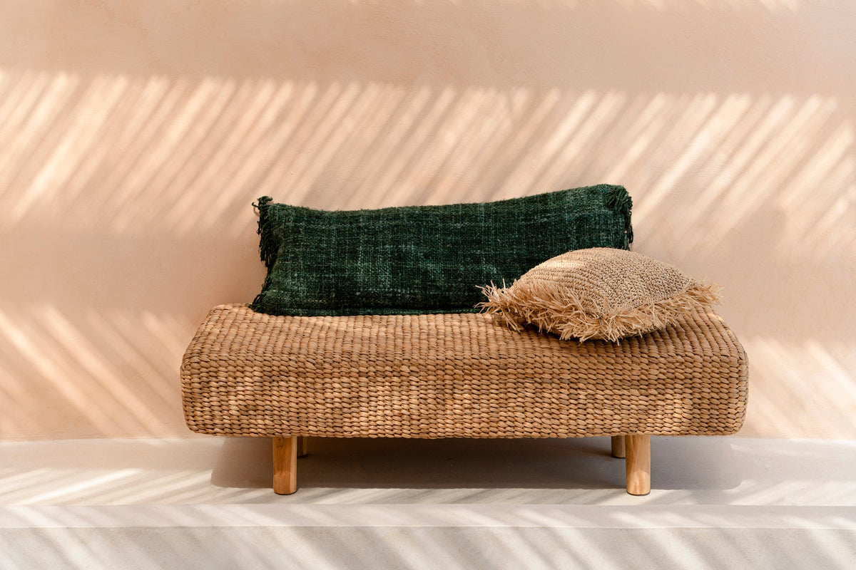 Kussenhoes katoen boho Oh My Gee, bosgroen, 35 x 100 cm, met franjes voor woonkamer en slaapkamer