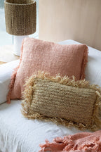 Kussenhoes katoen Oh My Gee boho zalmroze 60 x 60 cm, met franjes voor woonkamer en slaapkamer