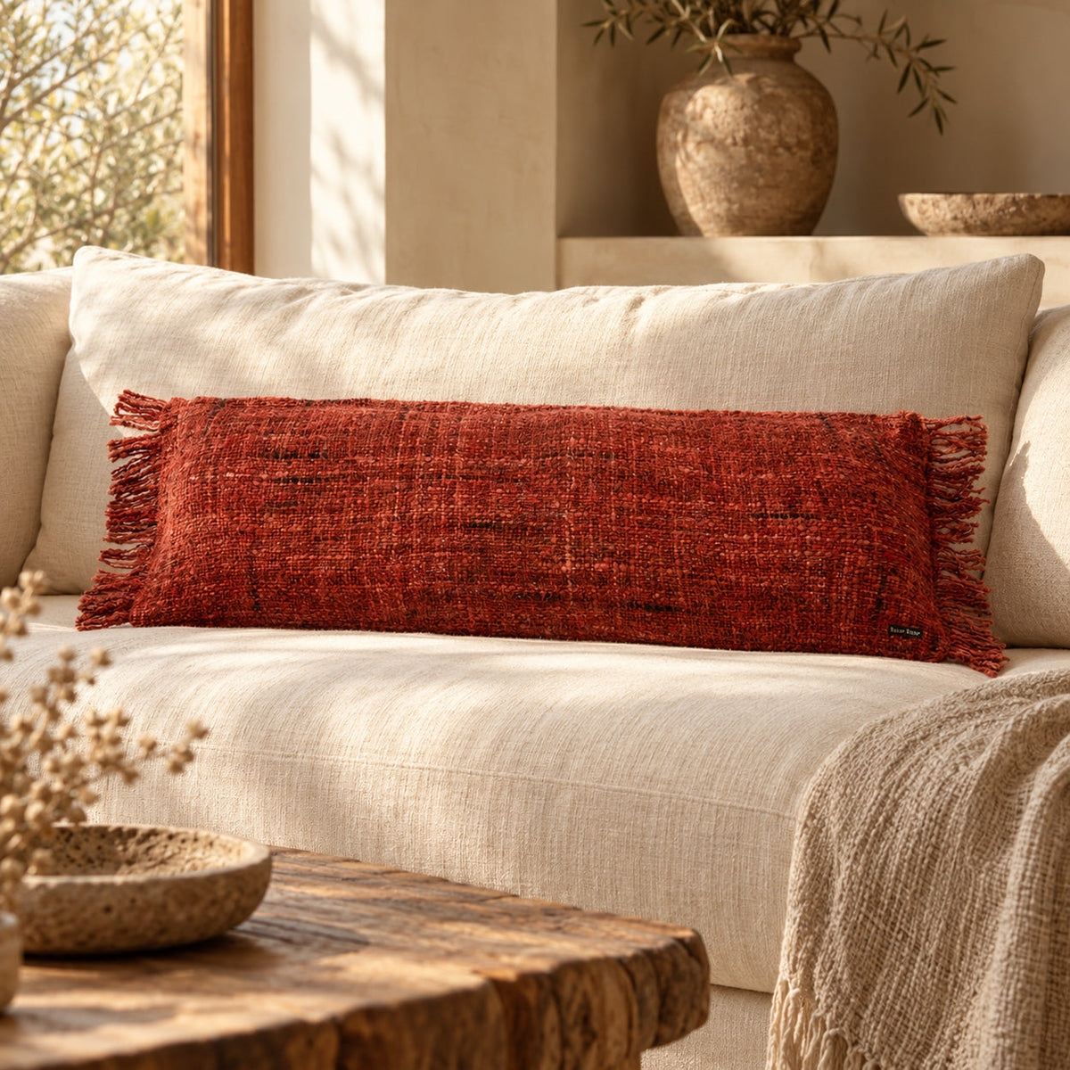 Kussenhoes katoen Oh My Gee boho kersenrood 35 x 100 cm, voor woonkamer en slaapkamer