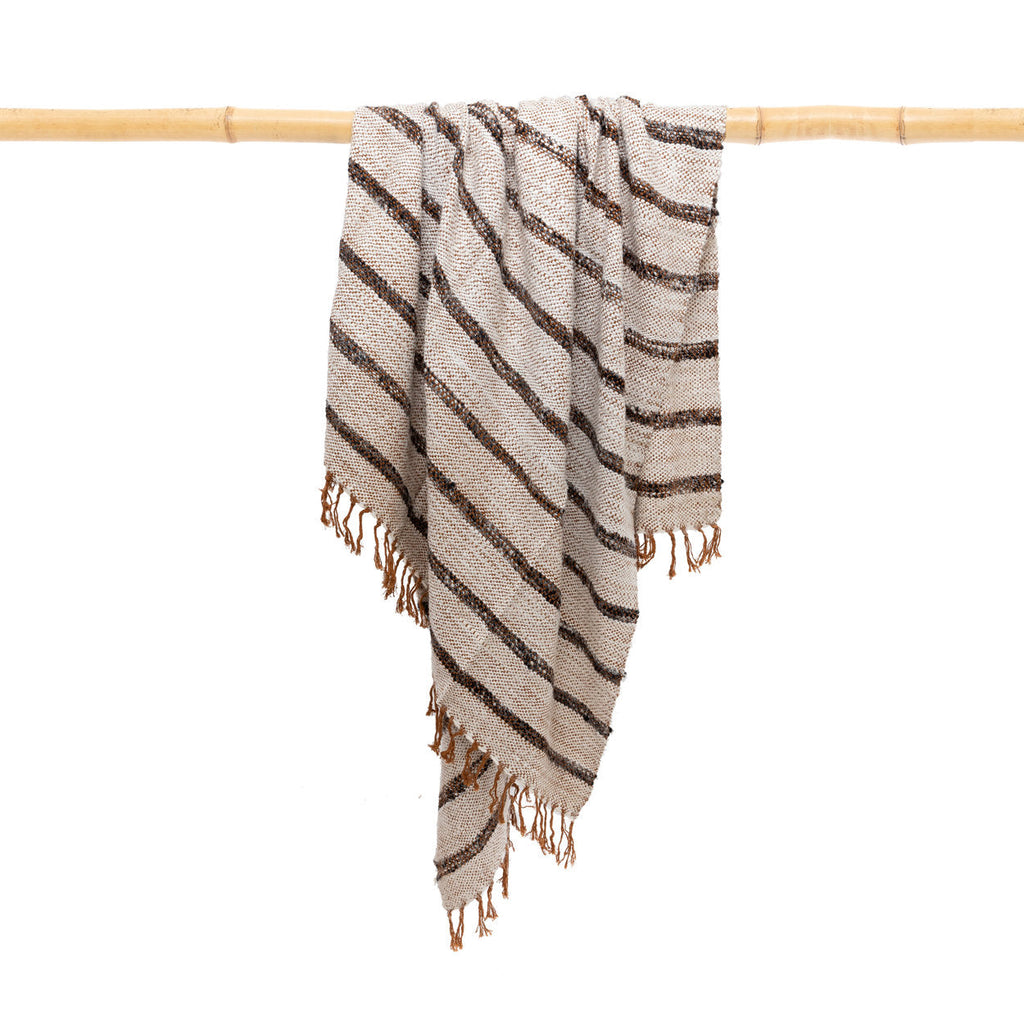 Plaid katoen handgeweven met franjes, boho, Bohemisch wit met bruine strepen – 170 x 130 cm