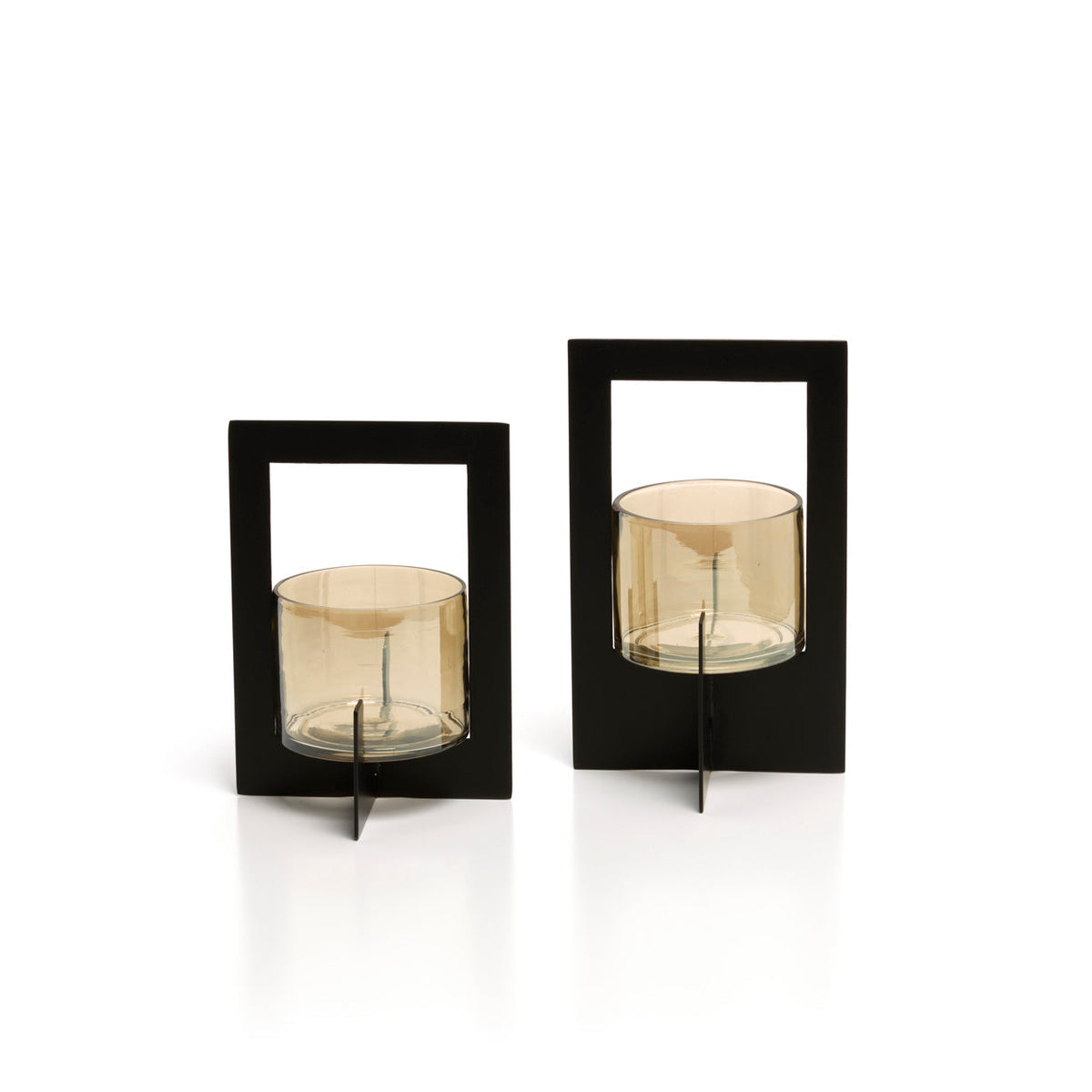 Kaarsenhouder messing en glas, Hurricane ingelijst, zwart – 13 x 13 x 18 cm, voor theelicht of kaars