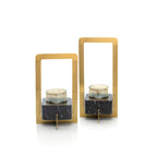 Kandelaar messing en glas met zwart marmeren voet, goud-zwart, 18 x 18 x 38 cm, voor eettafel of sidetable