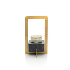 Gouden rechthoekig frame met zwart gemarmerd voetstuk en glazen kaarsenhouder, kandelaar Marbre d'Or