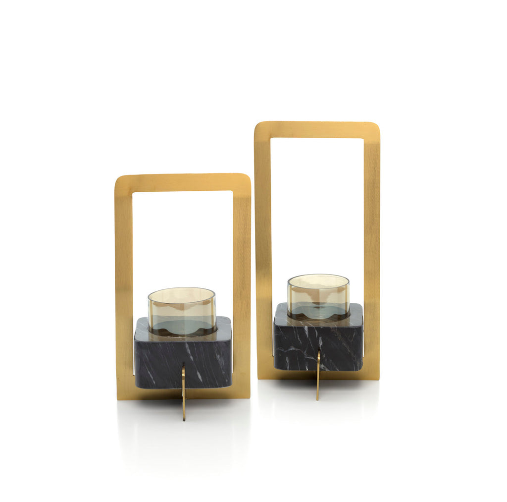 Kandelaar messing en glas Marbre d'Or, goud-zwart, 18 x 18 x 31 cm, art deco voor eettafel of console