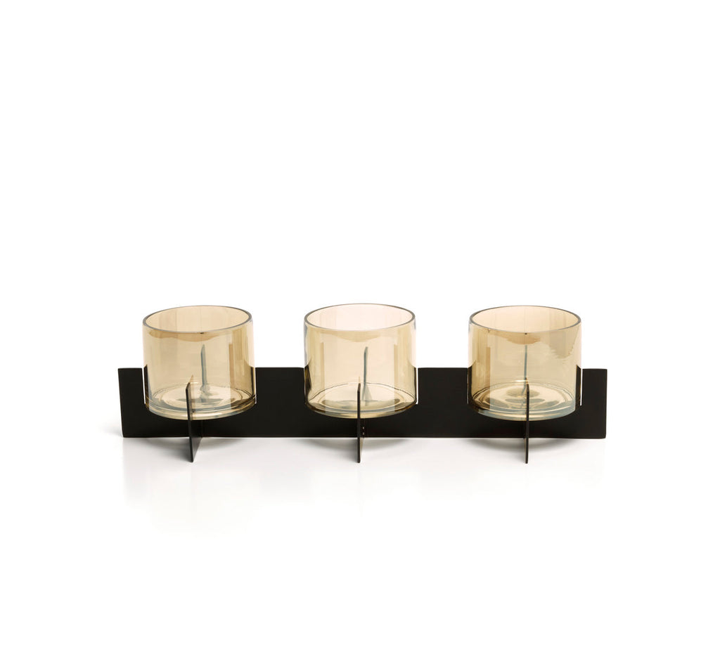 Kandelaar voor 3 kaarsen messing en glas, model Trio Noir, zwart – 39 x 13 x 10 cm