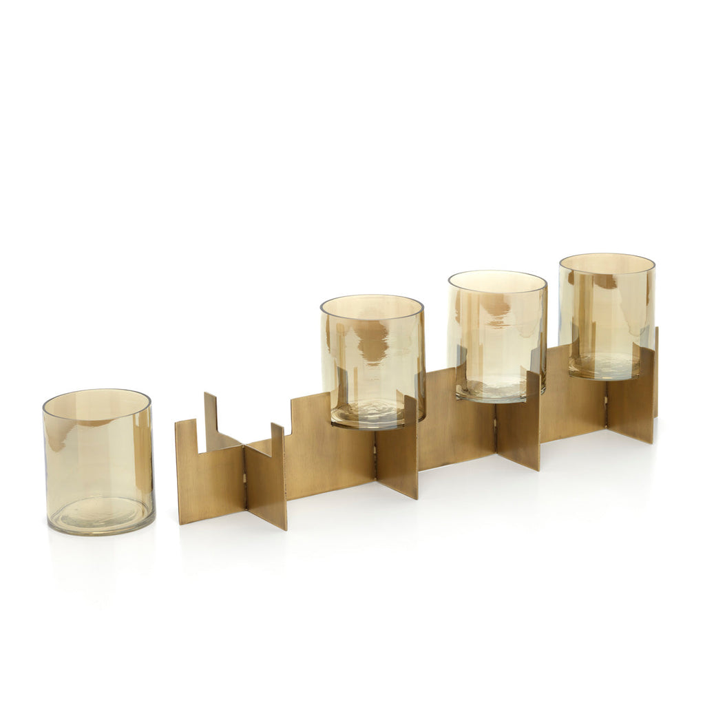 Kandelaar messing en glas Quarta goud, vierarmig, handgemaakt – 53 x 13 x 16 cm