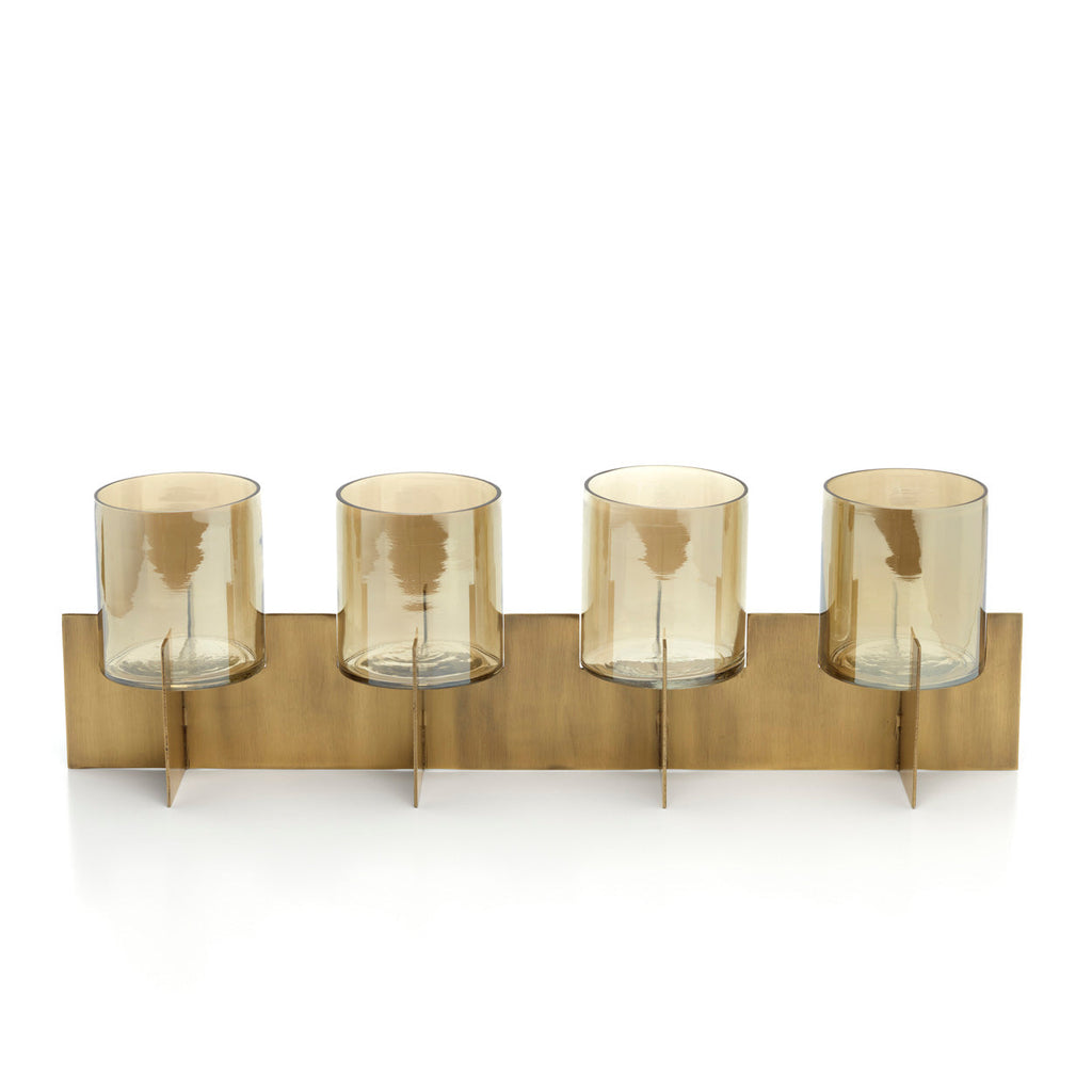 Kandelaar messing en glas Quarta goud, vierarmig, handgemaakt – 53 x 13 x 16 cm