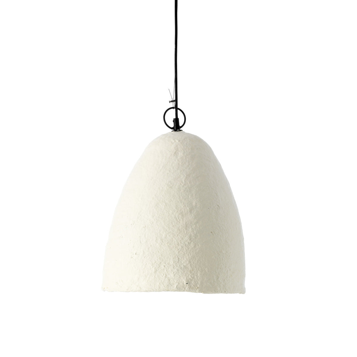 Witte hanglamp van papier-maché met ruw oppervlak en zwart snoer met metalen ring