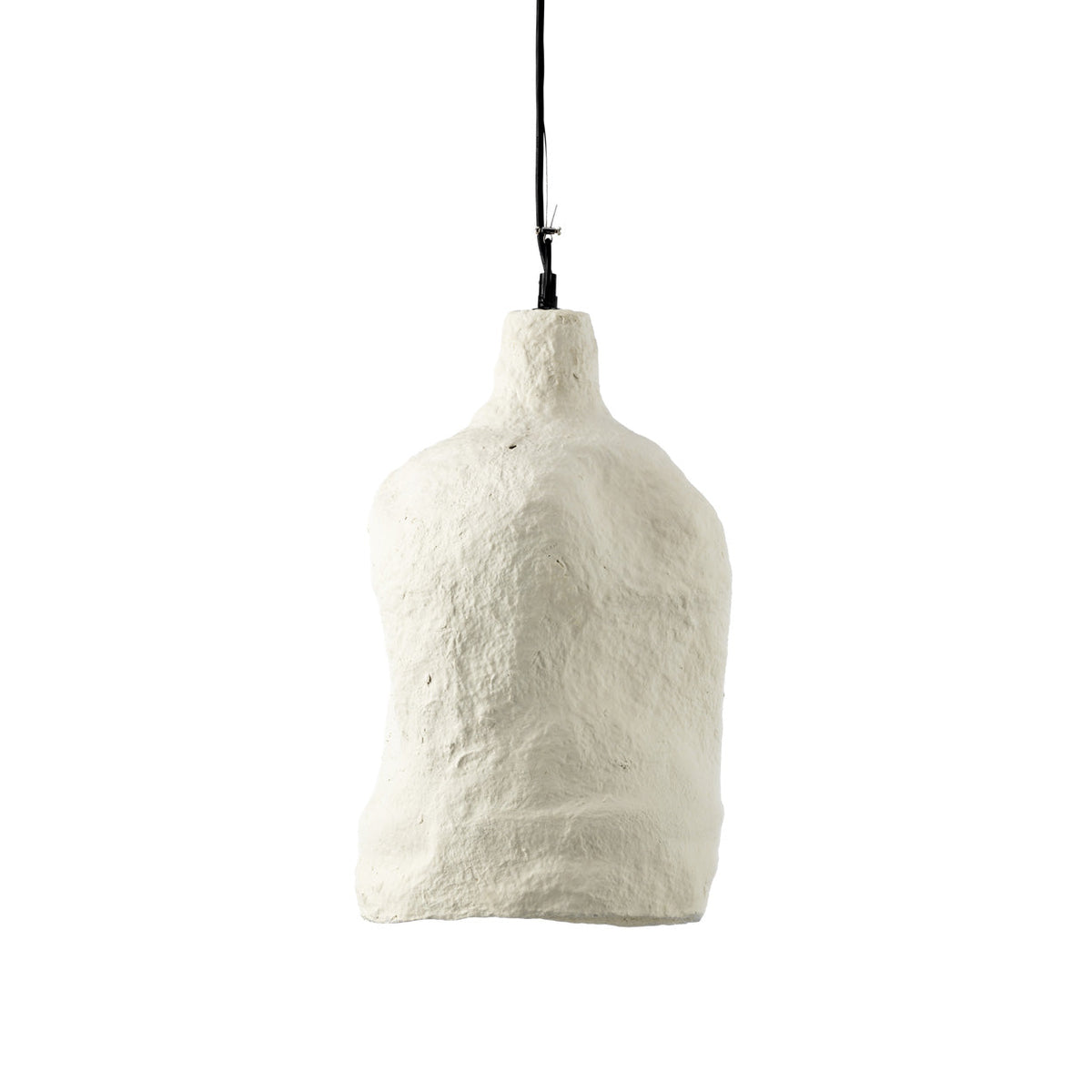 Witte hanglamp van papier-maché met ruw, sculpturaal oppervlak en zwart snoer