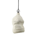 Witte hanglamp van papier-maché met organische vorm en ruwe, matte structuur aan een zwart snoer met ring
