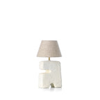 Witte tafellamp met sculpturale papier-maché voet en naturel stoffen kap