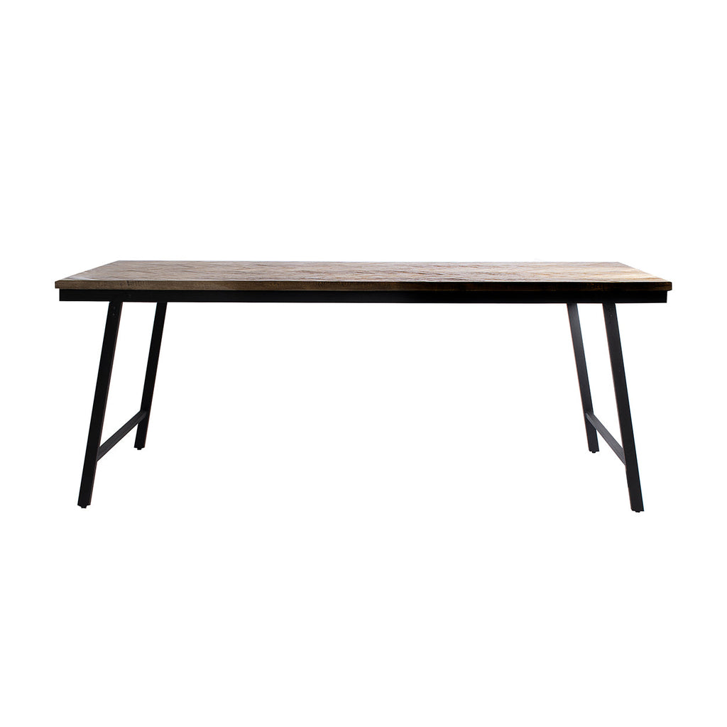 Consoletafel met teakhouten blad in naturel tint en zwart metalen frame, vooraanzicht
