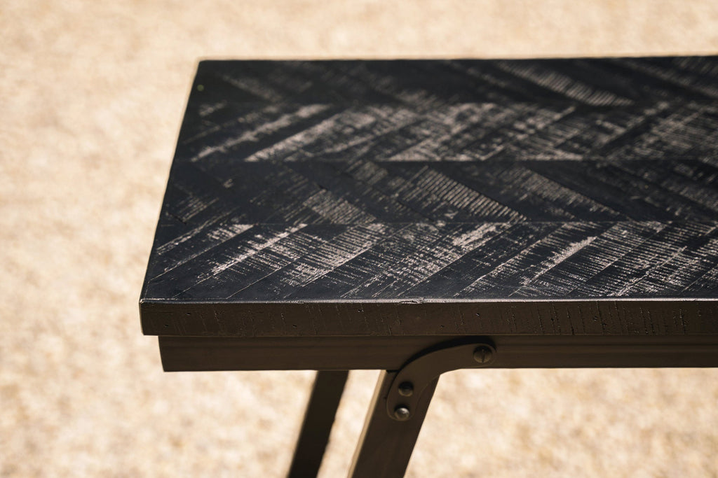 Hoge tafel teak met ijzer, visgraatmotief, zwart, 140 x 60 x 103 cm, voor binnen en overdekt buiten
