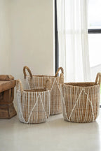 Mand bananenblad en katoen macramé naturel met wit, formaat S – Ø 30 x 40 cm