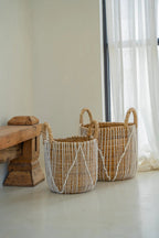 Mand bananenblad en katoen macramé naturel met wit, formaat S – Ø 30 x 40 cm