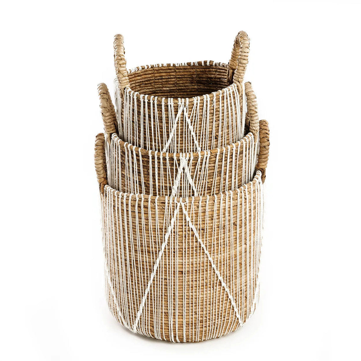 Mand bananenblad en katoen macramé naturel met wit, formaat S – Ø 30 x 40 cm