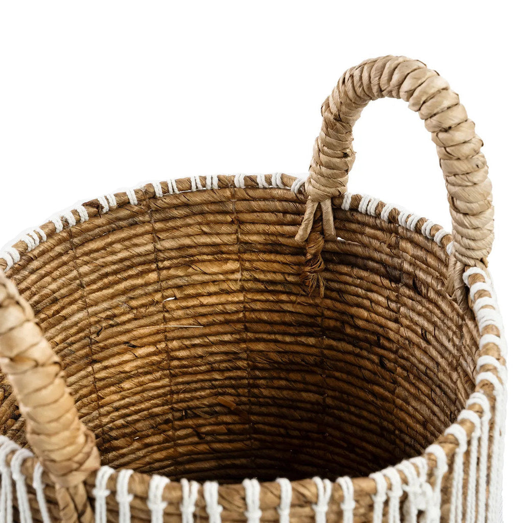 Mand bananenblad en katoen macramé naturel met wit, formaat S – Ø 30 x 40 cm
