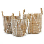 Mand bananenblad en katoen macramé naturel met wit, formaat S – Ø 30 x 40 cm