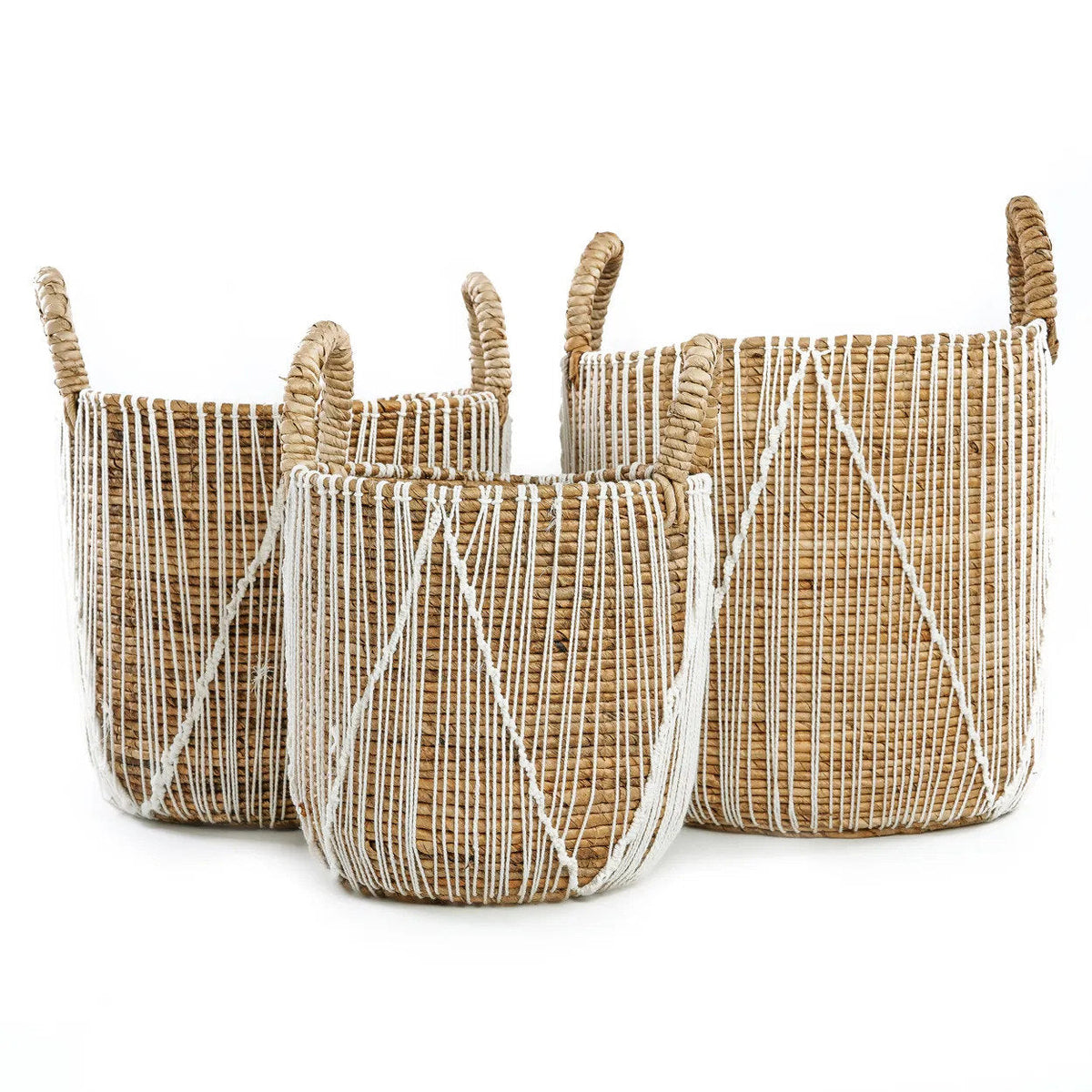 Mand bananenblad en katoen macramé naturel met wit, formaat S – Ø 30 x 40 cm