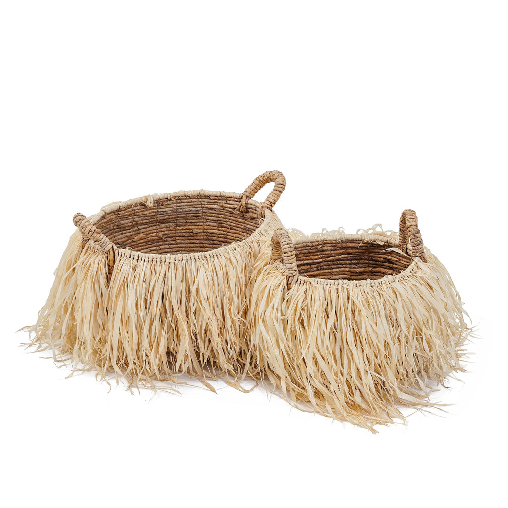 Mand bananenblad met raffia, handgevlochten, naturel – Ø 33 x H 27 cm, opbergmand met handvatten