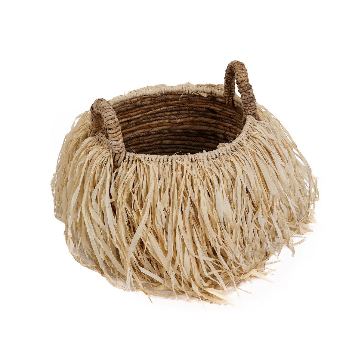 Mand bananenblad met raffia, handgevlochten, naturel – Ø 33 x H 27 cm, opbergmand met handvatten