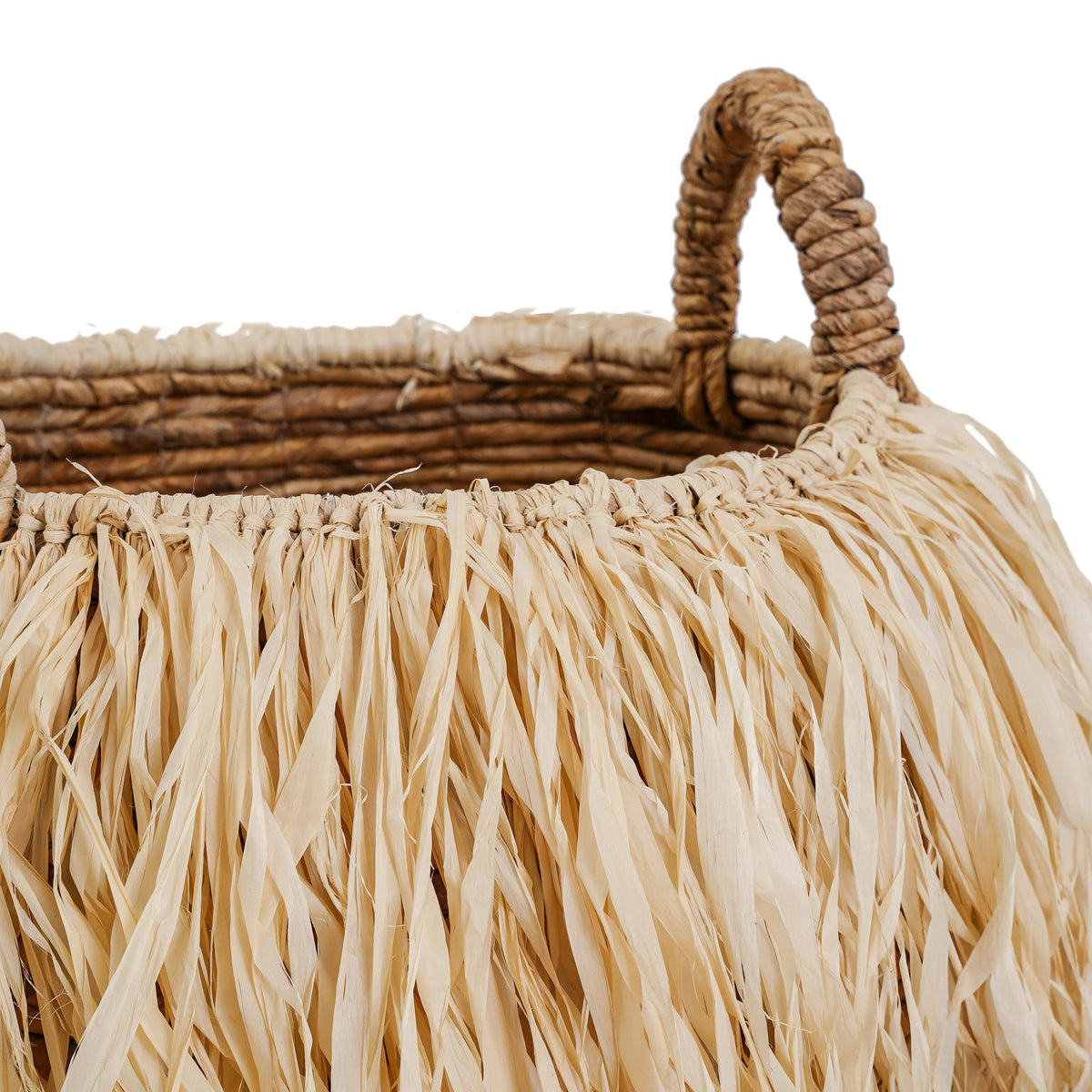 Mand bananenblad met raffia, handgevlochten, naturel – Ø 33 x H 27 cm, opbergmand met handvatten