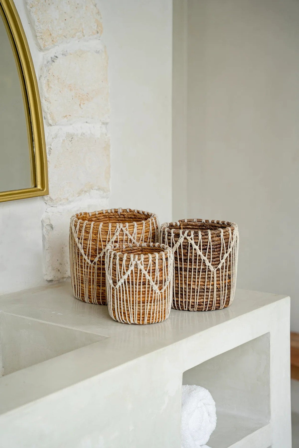 Mand bananenblad en katoen macramé naturel wit 20 x 20 x 20 cm, voor woonkamer, slaapkamer of hal
