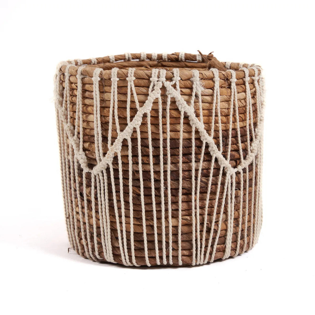 Mand bananenblad en katoen macramé naturel wit 20 x 20 x 20 cm, voor woonkamer, slaapkamer of hal