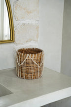 Mand bananenblad en katoen macramé naturel wit, handgemaakt – 17 x 17 x 19 cm
