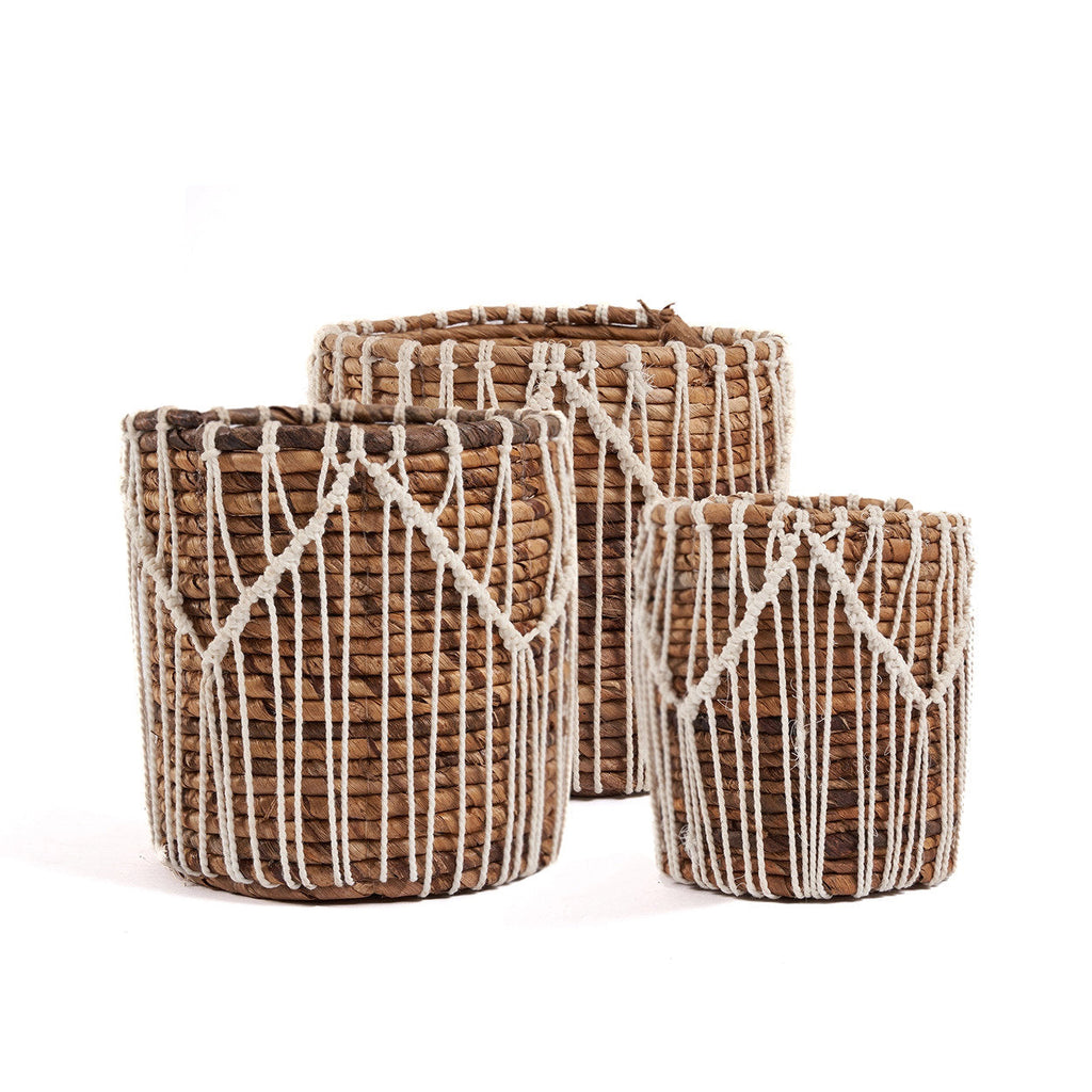 Mand bananenblad en katoen macramé naturel wit, handgemaakt – 17 x 17 x 19 cm
