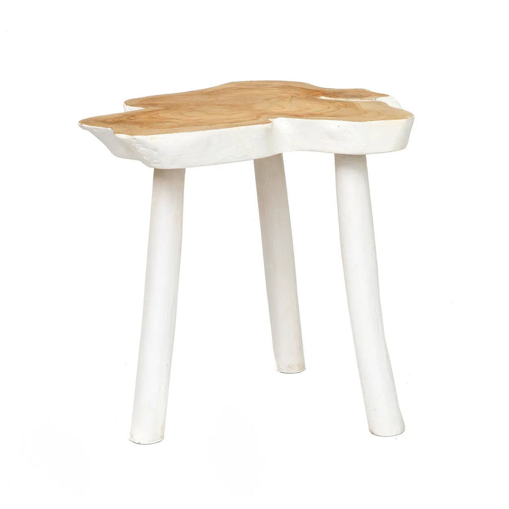 Bijzettafel teakhout organisch natuurwit, met drie poten – 45 x 45 x 40 cm