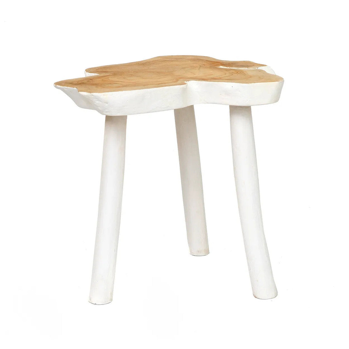 Bijzettafel teakhout organisch natuurwit, met drie poten – 45 x 45 x 40 cm