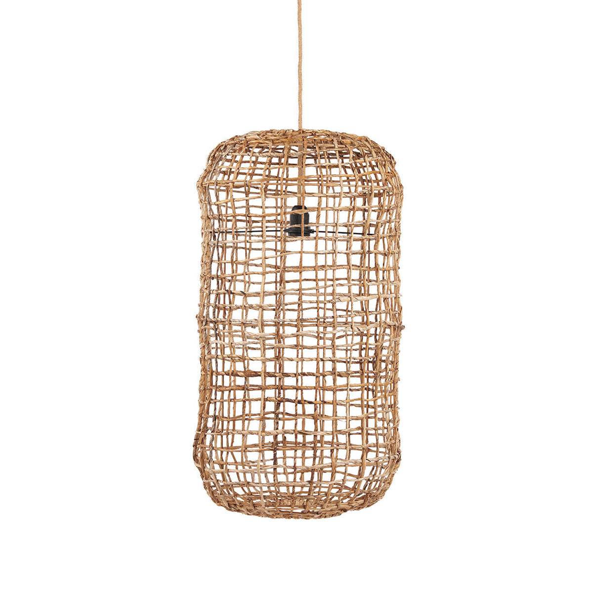 Naturel hanglamp van handgeweven bananenblad met open weving en cilindrische, zachte vorm