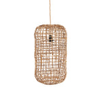 Open geweven naturel hanglamp van bananenblad met cilindervormige kap en zichtbare zwarte fitting