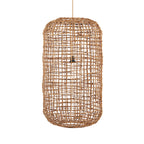 Cilindervormige hanglamp van naturel geweven bananenblad met open structuur en zichtbare zwarte fitting binnenin