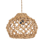 Naturel hanglamp van handgevlochten bananenblad met open geknoopt patroon en zwarte fitting aan een gevlochten snoer