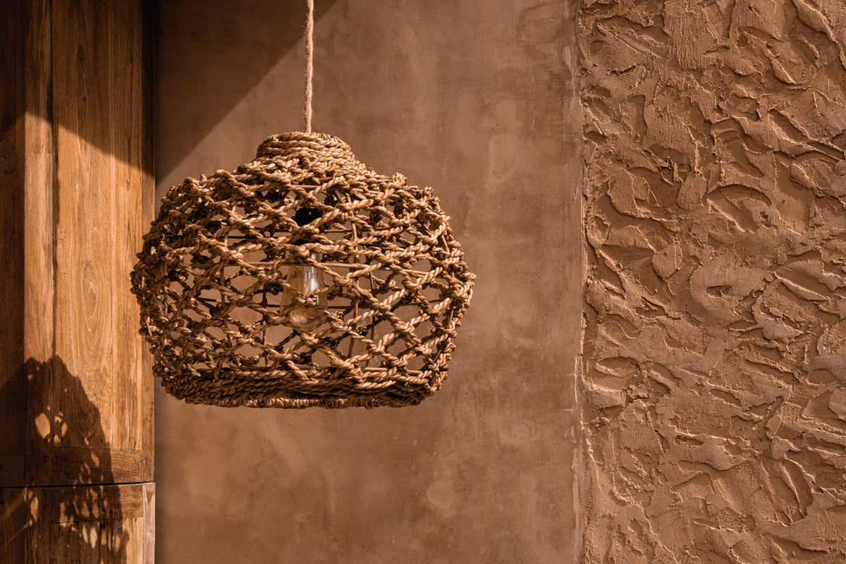 Hanglamp bananenblad handgevlochten, Banara, naturel – Ø 35 x 27 cm, voor slaapkamer en woonkamer