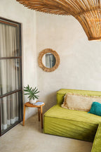 Spiegel rond raffia Tahiti naturel Ø 60 cm, handgemaakt met franjerand voor woonkamer, hal of slaapkamer